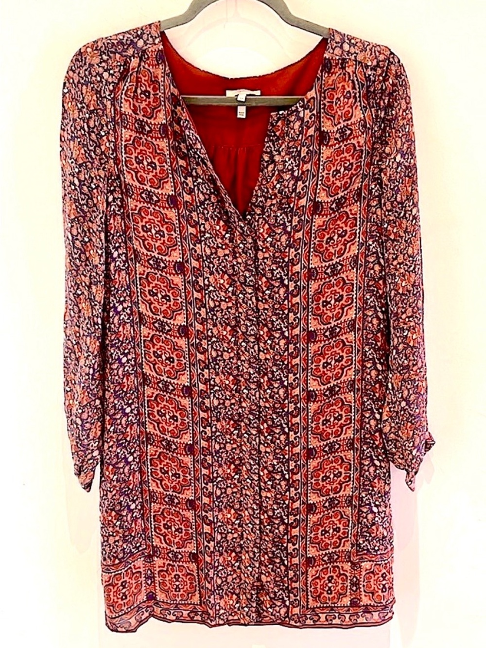 Joie Silk Rust and Lilac Boho Print Light Weight Long Sleeve Dress XS Small